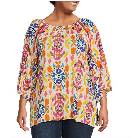 New Calessa Abstract Ikat Print 3/4 Tiered Sleeve Tunic Shirt Plus Sz 1X - Picture 1 of 8